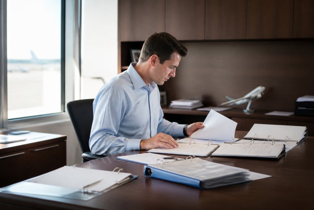 Flight department manager at desk with multiple monitors displaying digital logbook data and compliance reports in modern office with natural lighting