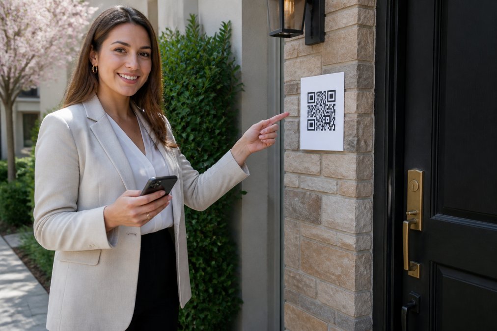 Real estate agent standing outside a residential property entrance, smartphone in hand, pointing to a QR code sign displayed on the front door or gate with morning sunlight casting shadows on the facade