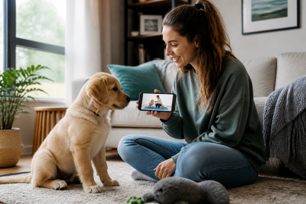 Diagram illustrating the step-by-step process of using a mobile app for effective puppy training at home