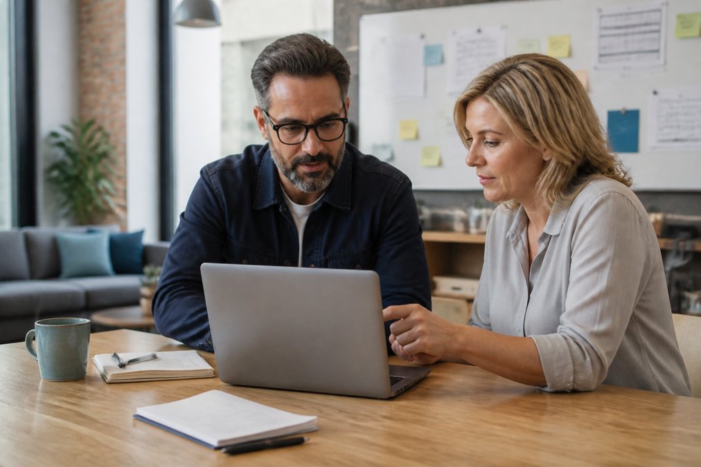 A small business owner and an operations manager reviewing workflow dashboards on a laptop in a bright, modern office space with a whiteboard covered in process notes in the background