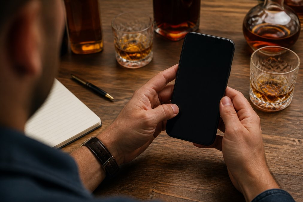 Close-up of hands holding a smartphone displaying a digital whiskey collection dashboard with tasting notes, bottle images, and inventory counts on the screen