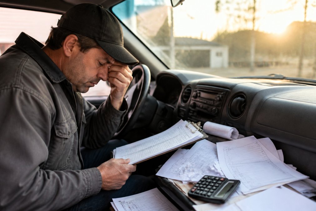 Contractor reviewing scattered paper work orders and invoices on a truck dashboard, looking frustrated while holding a clipboard in early morning light