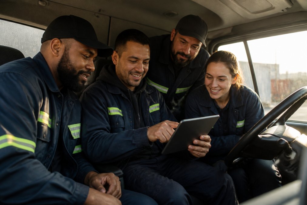 Diverse team of field technicians gathered around a tablet in a truck cab, learning mobile app features together in afternoon light