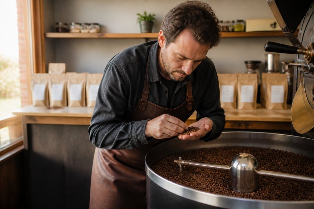 A coffee roaster carefully inspecting freshly roasted beans, with small labeled bags of single-origin coffee in the background, natural light across a wooden counter