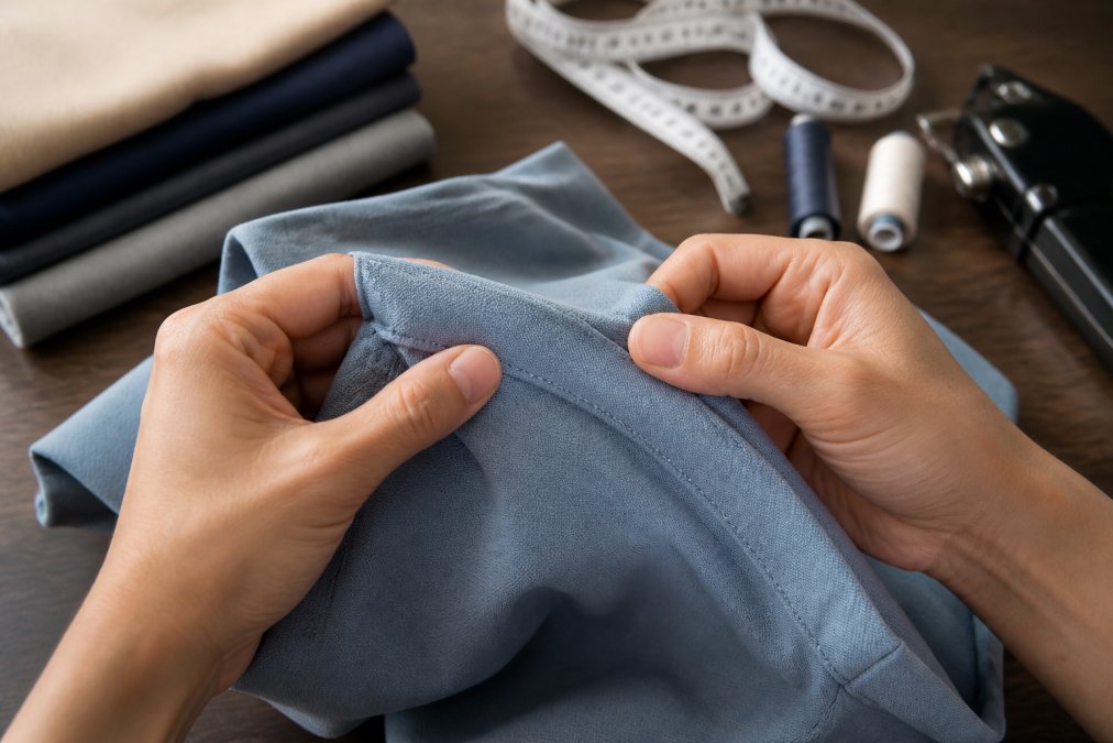 Close-up of hands examining garment seams under natural lighting, fingers tracing along stitching details and checking seam alignment on a folded shirt