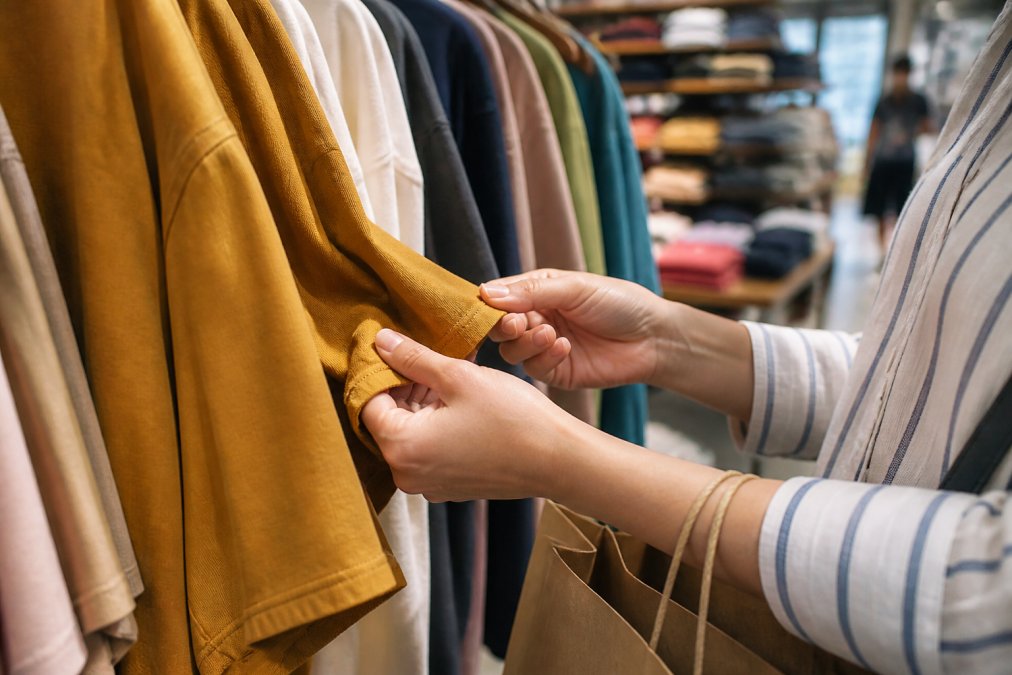 Close-up of hands examining the stitching and hem of a garment on a clothing rack in a bright retail store, with a shopping bag nearby
