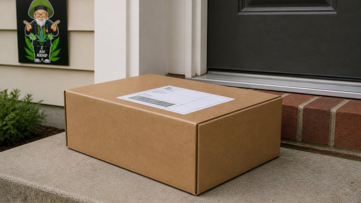 A plain brown cardboard shipping box on a doorstep with a standard white shipping label, no branding or product markings visible, soft daylight
