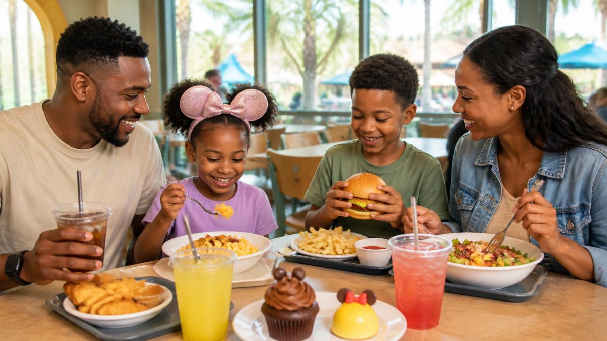 Family of four seated at a Disney quick-service restaurant table with colorful meals, drinks, and desserts in front of them, natural lighting from large windows, smiling and enjoying their food together