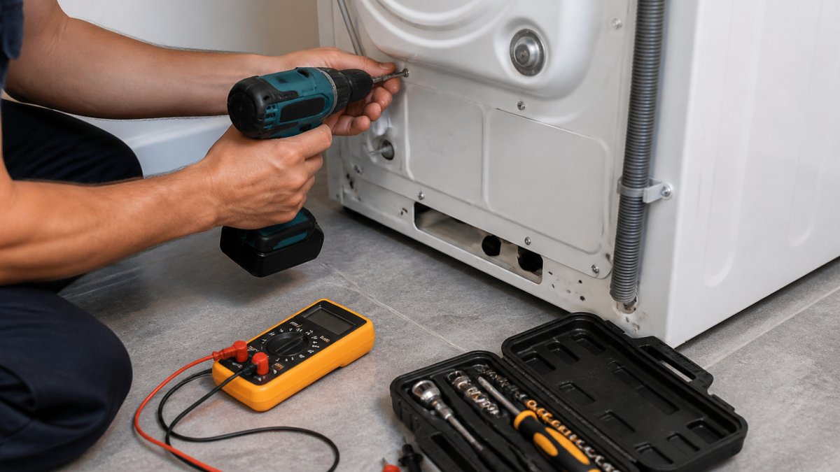 Hands using a cordless screwdriver to open a washing machine panel with repair tools nearby