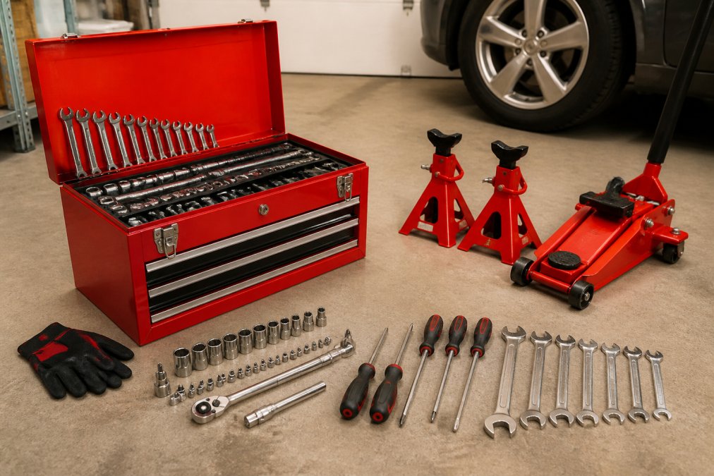 A neatly organized red toolbox on a concrete garage floor, with a socket set, combination wrenches, screwdrivers, and a floor jack with jack stands visible in warm afternoon lighting