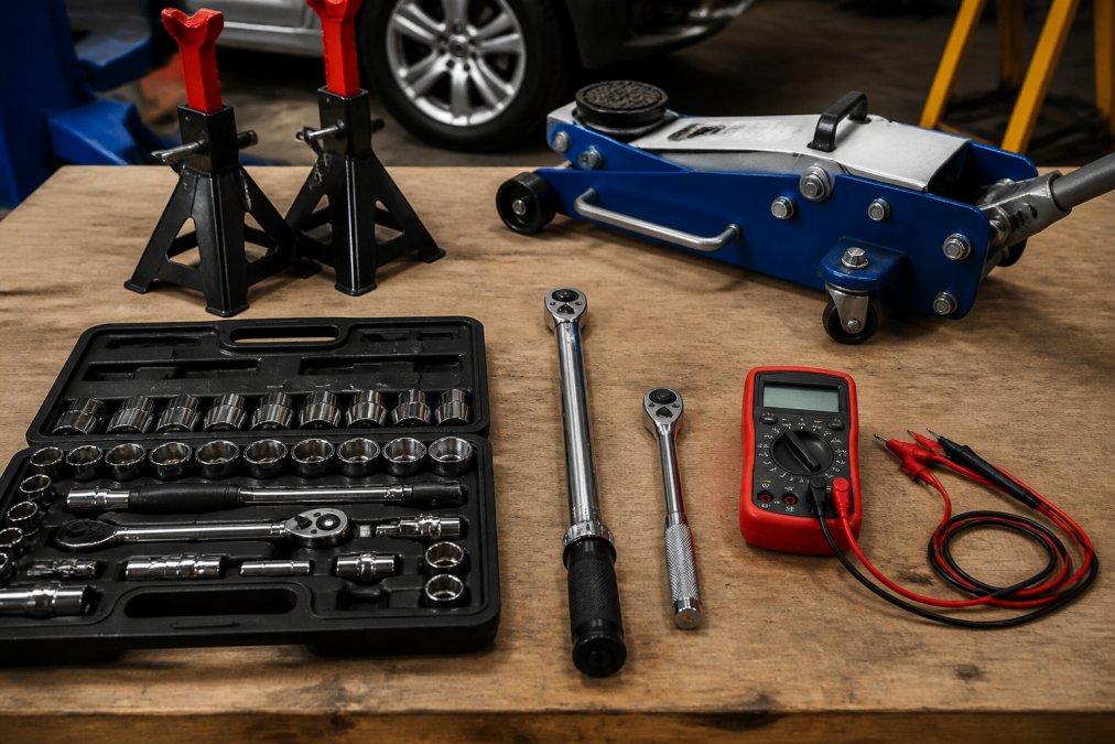 Close-up of essential DIY car maintenance tools laid out on a workbench: jack stands, socket set, torque wrench, multimeter, and floor jack arranged in organized rows on a clean surface