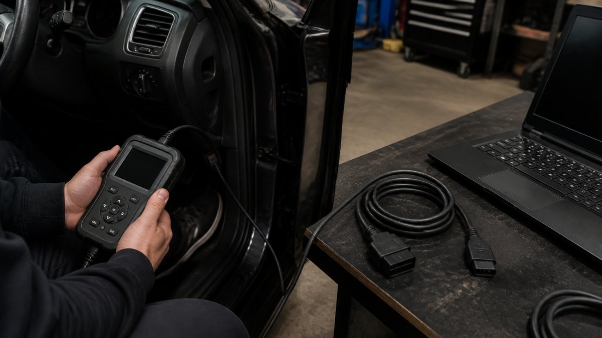 Person using a handheld OBD flash tool connected to a car port with tuning software on a nearby laptop