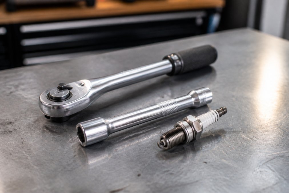 A close-up of a torque wrench, socket extension, and spark plug laid out on a clean workbench in a home garage