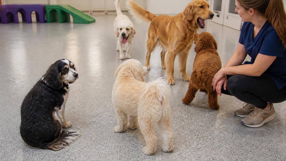 A shy dog sitting slightly apart from a small group of calm dogs in a bright, spacious indoor play area, with a staff member kneeling nearby and observing body language