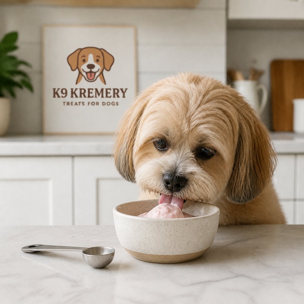Small happy dog eating a measured portion of frozen treat from a ceramic bowl on a kitchen counter