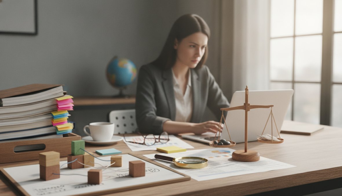 A digital marketer with short dark hair sits at a standing desk reviewing website backlink metrics on a large monitor, warm office lighting, afternoon sun through window blinds