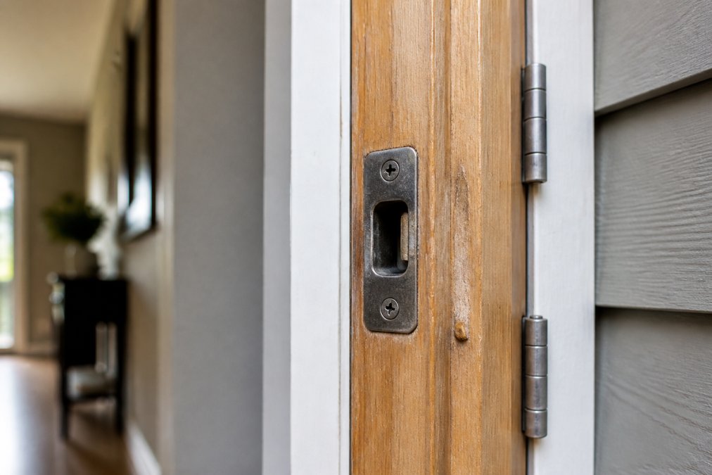 Close-up of a residential entry door frame showing the strike plate, jamb wood grain, and hinge positions where forced entry typically occurs, photographed under natural daylight