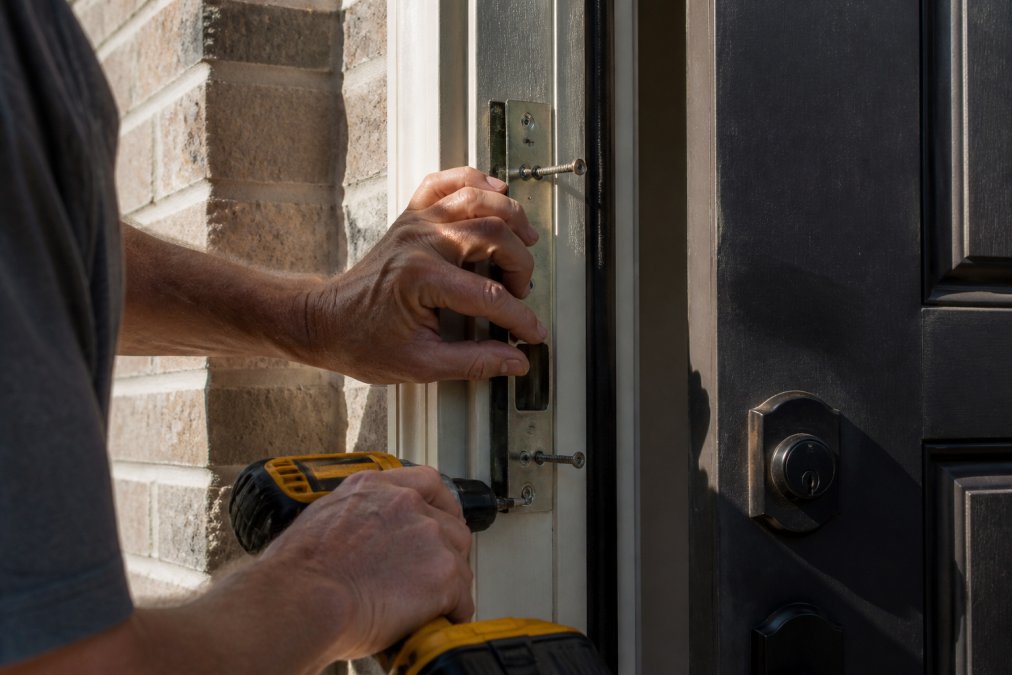 Homeowner's hands installing steel reinforcement hardware on an exterior door frame, showing the installation of longer screws and strike plate components in afternoon sunlight