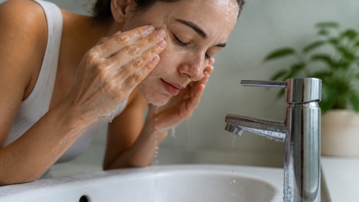 Person gently massaging oil-based cleanser onto their face over a sink with water droplets visible, showing the emulsifying technique in soft, natural lighting