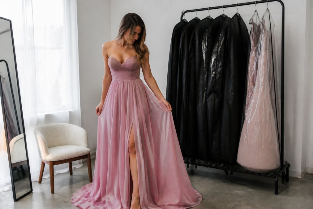 A woman in a flowing designer gown standing in a bright, minimal room, adjusting the fabric, with garment bags and a clothing rack visible in the background