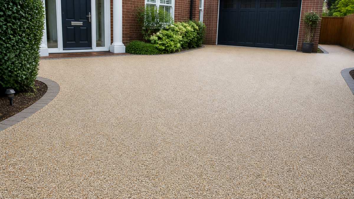 Finished residential driveway with resin bound surfacing showing smooth seamless surface with natural stone aggregate, clean lines, and modern aesthetic appeal under natural daylight