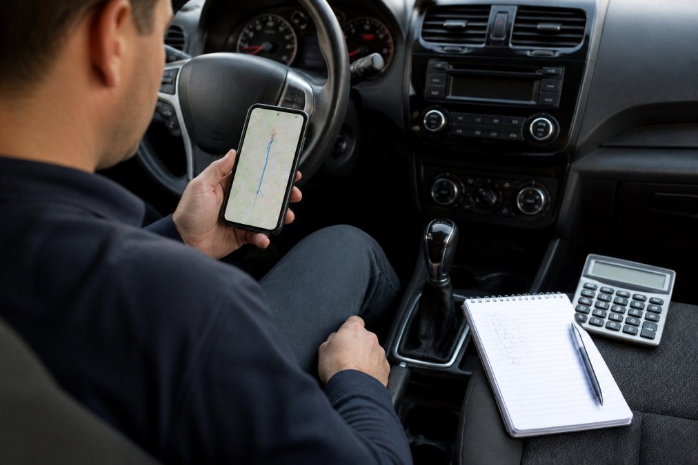 Car owner checking a digital map while driving to shop for vehicle maintenance with a notepad nearby.