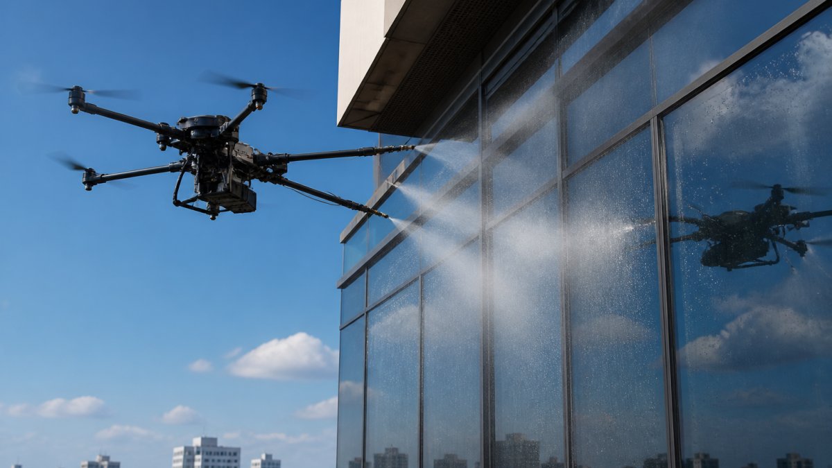 A professional cleaning drone hovering close to a high-rise glass facade, fine mist of water spraying onto the surface, visible nozzles, clear blue sky behind, reflective office glass