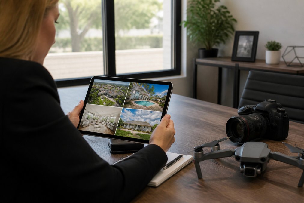 Real estate agent reviewing property photos on a tablet, with multiple listing images and aerial drone footage visible on the screen, seated at a desk in a modern office with natural window lighting