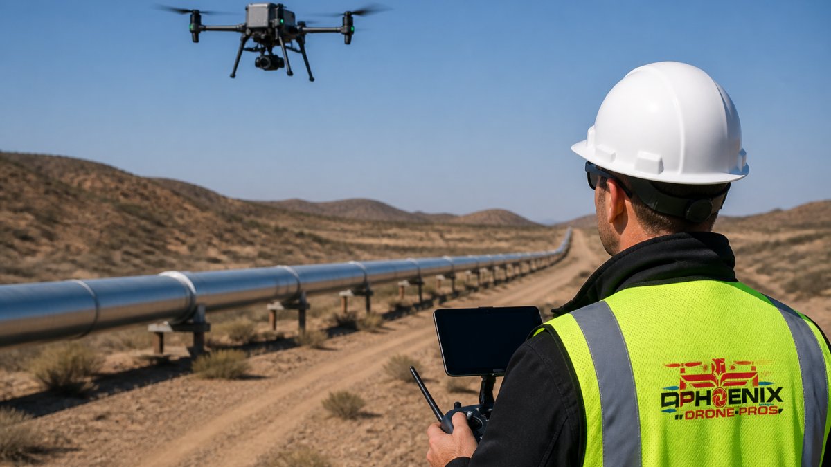 Commercial drone equipped with high-resolution camera and thermal imaging sensors hovering above an industrial pipeline corridor running through remote, arid terrain with sparse vegetation