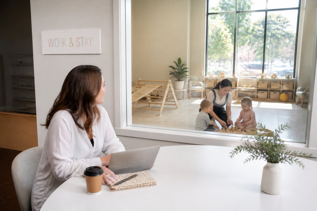 A parent working on a laptop at a clean, modern desk inside a bright coworking lounge, glancing through a large glass window into an adjacent playroom where a caregiver guides two toddlers in a building-block activity