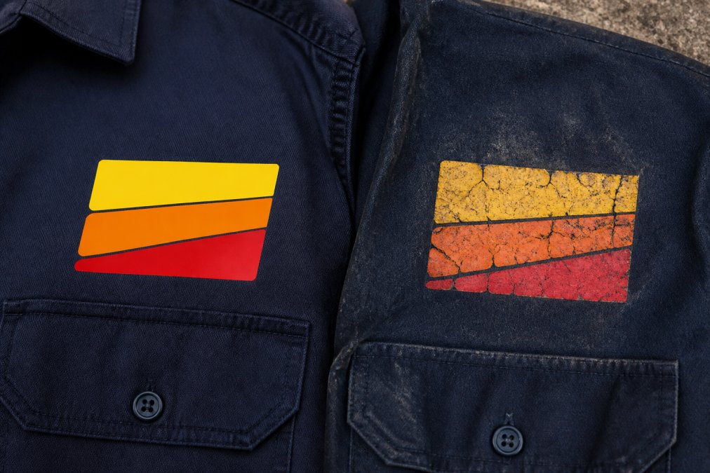 Close-up of a work shirt showing DTF print with visible wear patterns, comparing a well-maintained vibrant print next to one with cracking and colour fading from repeated washing and abrasion