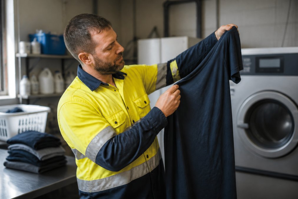 Worker in high-visibility clothing inspecting a freshly laundered DTF-printed work shirt for print quality and durability, holding the garment up to natural light in a laundry facility