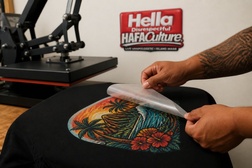 Close-up of hands peeling a clear DTF transfer film away from a black cotton t-shirt after heat press application, revealing a vibrant full-color graphic with sharp edges, warm workshop lighting