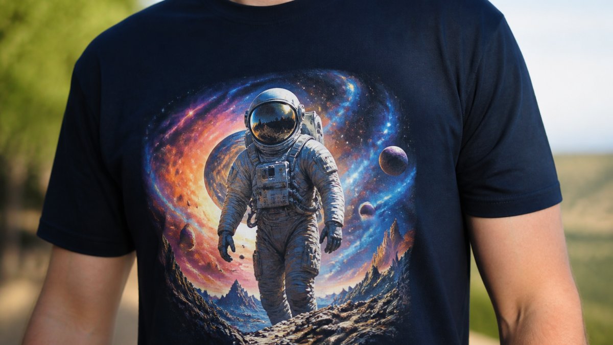 Close-up of a vibrant, detailed DTF print with smooth gradients on a dark navy t-shirt in natural daylight