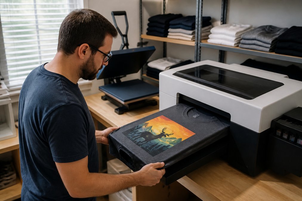 Small business owner inspecting a custom t-shirt on a dtg printing machine in a home studio workshop