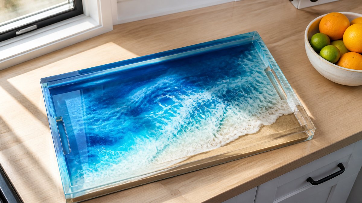 Blue and teal wave-pattern durable resin serving tray on a light wood kitchen counter with citrus.
