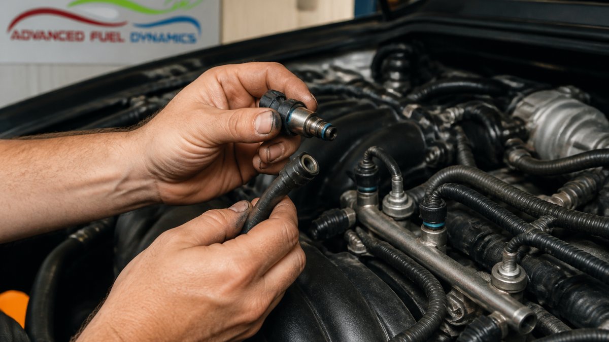 Close-up of a mechanic's hands inspecting a fuel injector and fuel line connection on a car engine, with the engine bay visible in the background