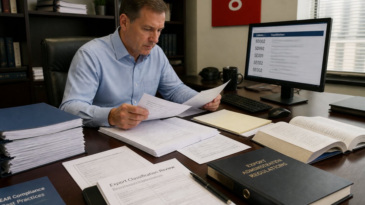 Compliance officer reviewing export classification documents and software technical specifications at a desk with multiple files, computer screen showing ECCN codes, and regulatory reference materials under office lighting