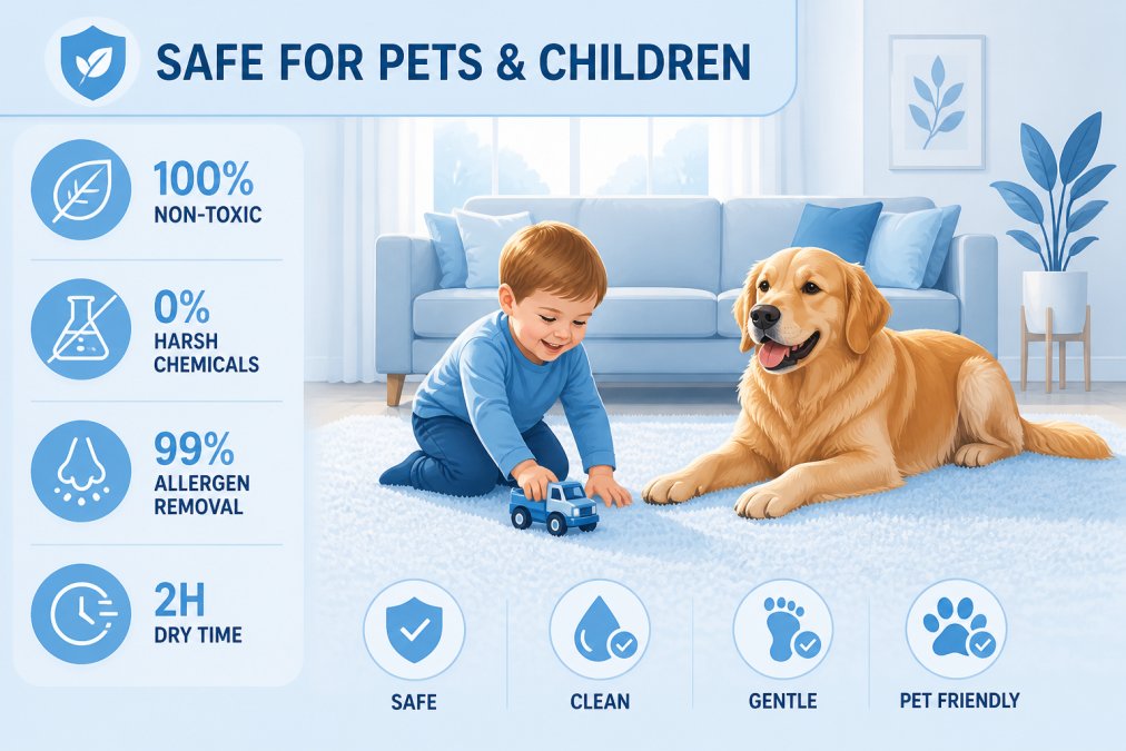 Child playing on freshly cleaned carpet while a golden retriever rests nearby in a bright, natural-lit living room, showing a safe, clean home environment