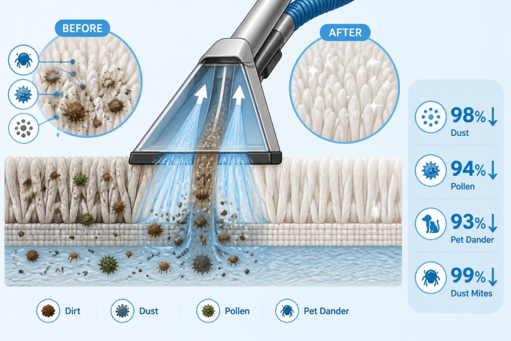 Close-up of carpet fibers being cleaned with hot water extraction equipment, showing dirt, dust, and allergen particles being removed from deep within the carpet pile and padding