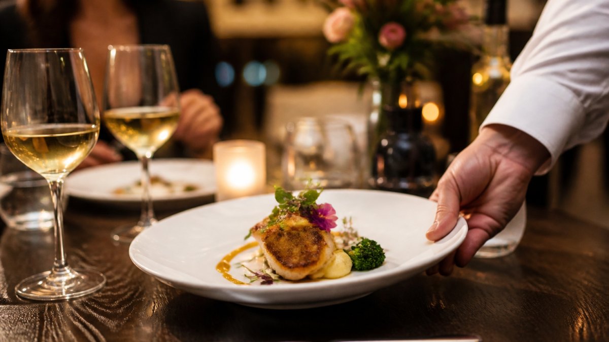 Elegantly plated fine dining dish being presented at an upscale restaurant table with wine glasses, soft warm lighting casting gentle shadows, and blurred refined table setting in background