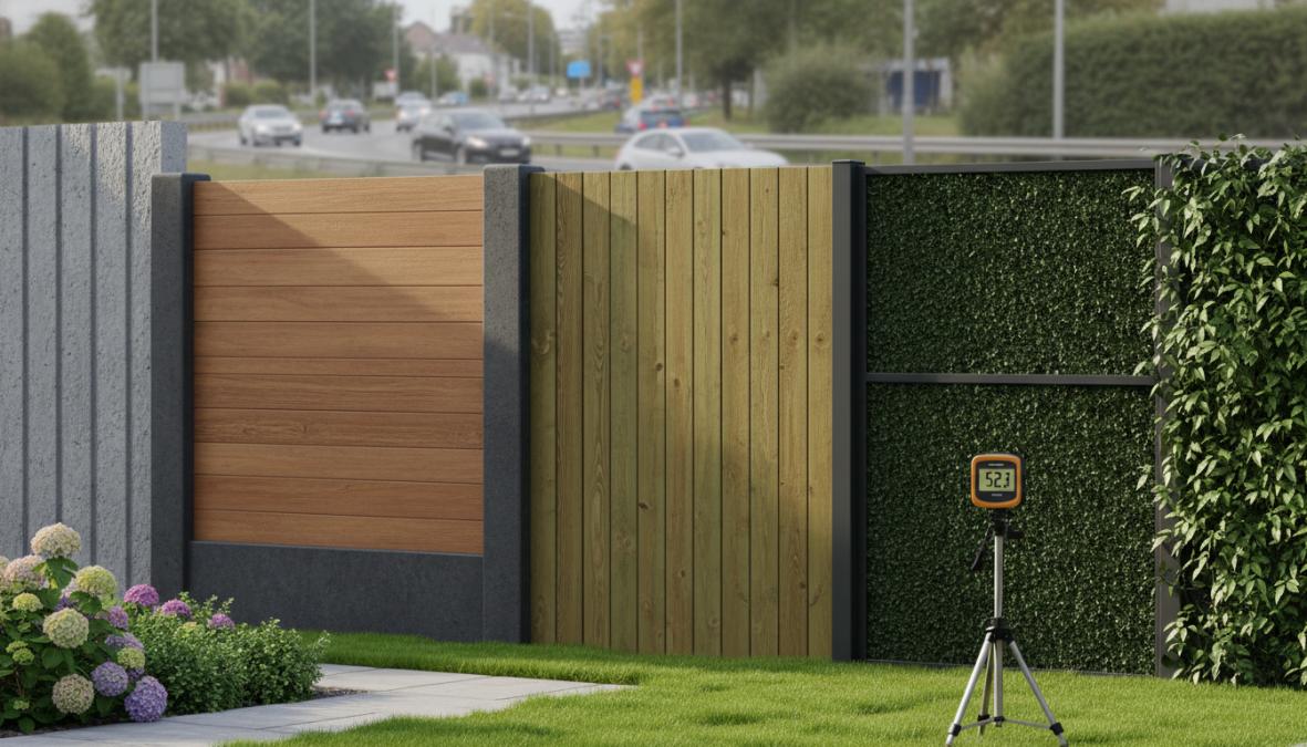 Close-up van een massieve betonschutting geplaatst langs een tuin met groen, waarbij de dikte en stevigheid van de betonnen platen duidelijk zichtbaar zijn in helder daglicht