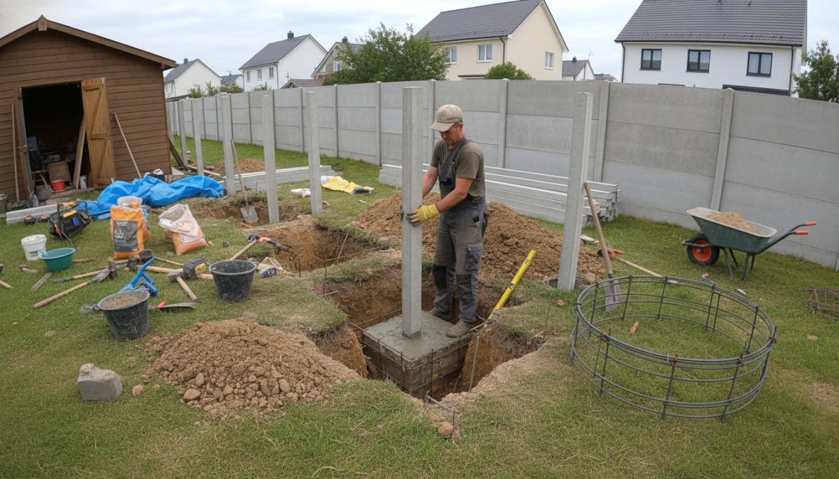Een vakman die betonnen schuttingpalen in de grond plaatst in een tuin, waarbij de fundering zichtbaar is en gereedschap op de achtergrond ligt, op een zonnige dag