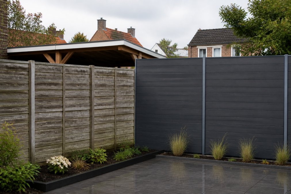 Verweerde houten schutting naast een strakke antraciet composiet schutting met aluminium frame in een tuin.