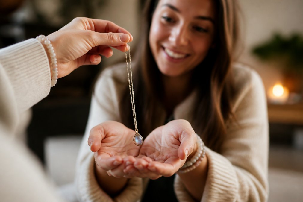 Close-up van iemands handen die een elegante handgemaakte ketting met edelsteen ontvangen, met een warm glimlachend gezicht op de achtergrond, ondersteunend moment van cadeau geven