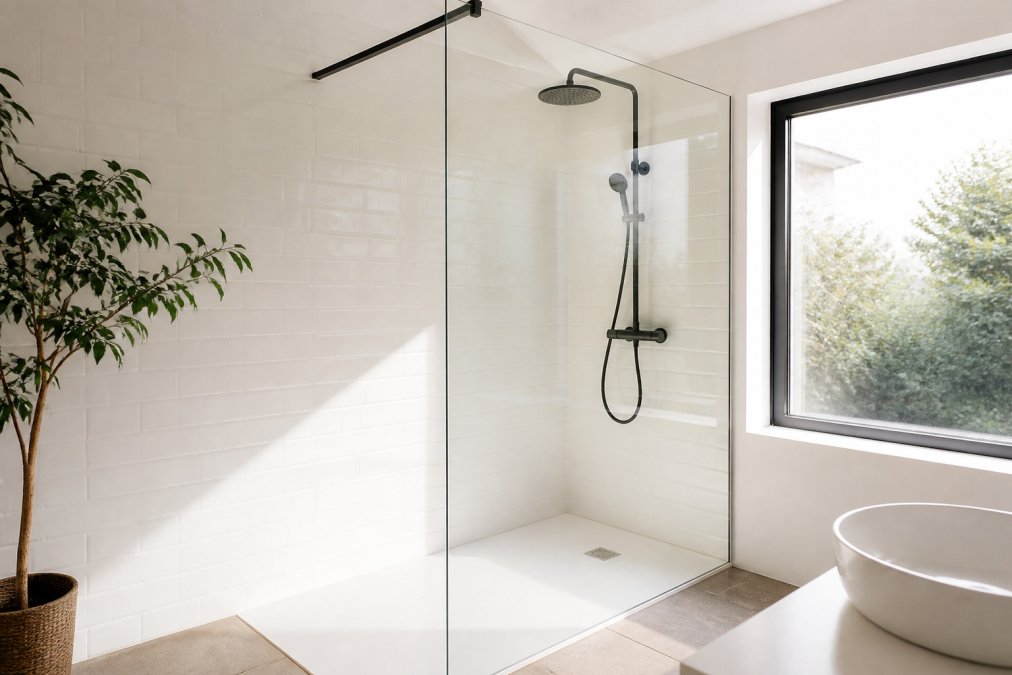 Moderne badkamer met minimalistische inloopdouche, helder glas zonder zichtbare profielen, natuurlijk licht van groot raam, witte tegels en minimalistisch design