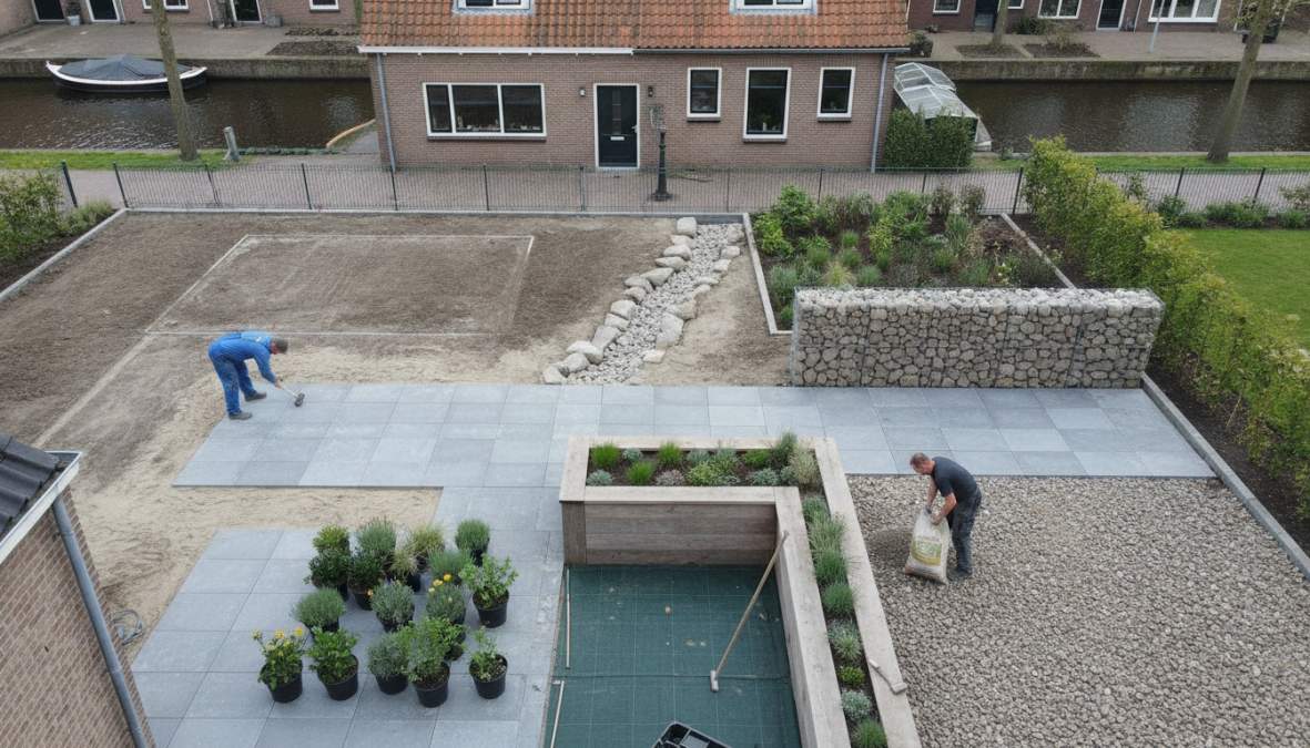 Vogelperspectief van een nette Nederlandse achtertuin met lichtgrijze betonnen tegels, lage vaste planten in grindstroken, een houten schutting langs de grens en een klein terras in de zon
