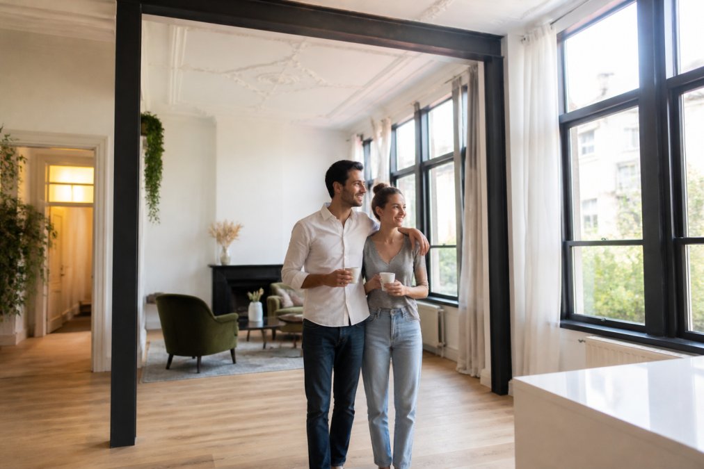 Een koppel staat ontspannen in een licht gerenoveerde woonkamer met hoge plafonds en grote ramen, genietend van hun nieuwe leefruimte