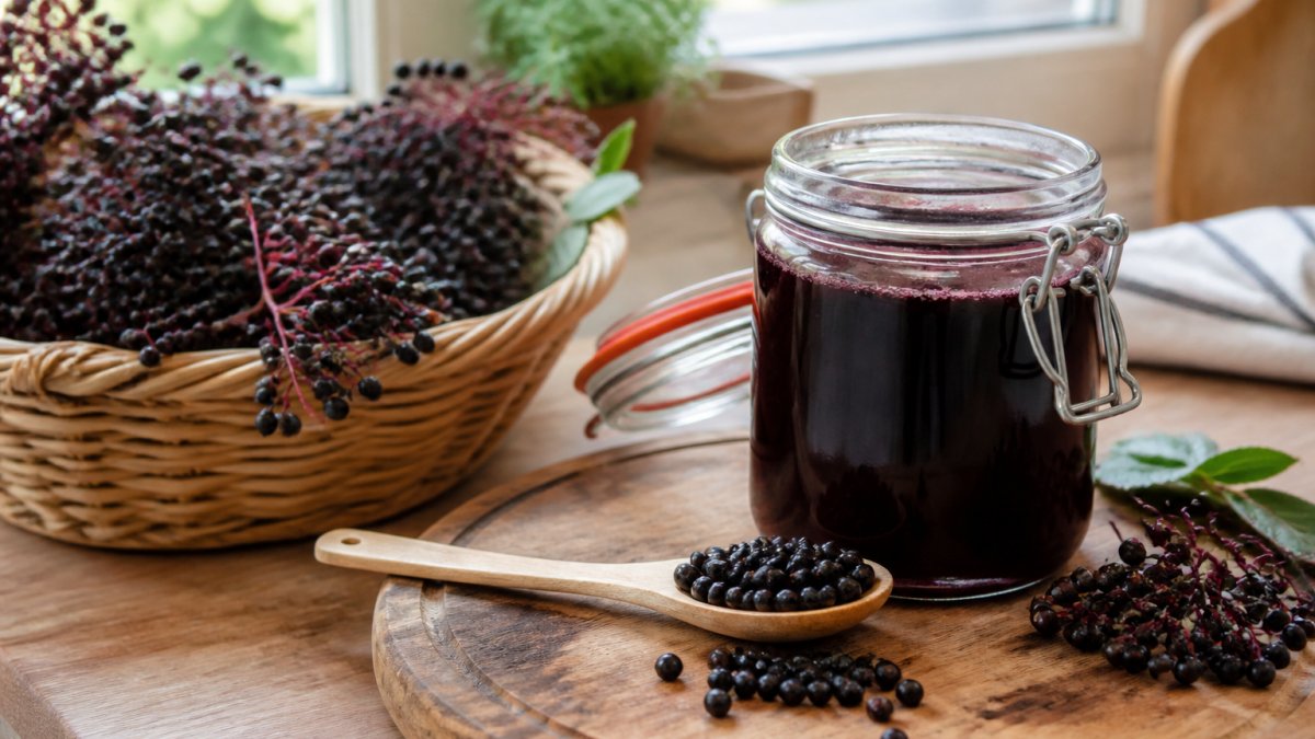 A close-up of ripe dark purple elderberries on a wooden spoon next to a glass jar of homemade elderberry syrup on a kitchen counter, with soft natural light from a window
