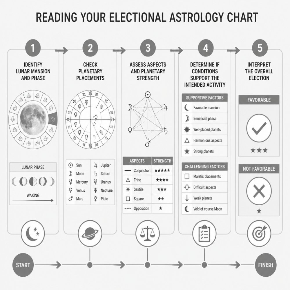Flowchart showing steps to make electional astrology reliable by checking lunar phases, aspects, and chart strength.